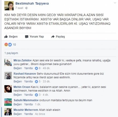 Azərbaycanda təşkilat sədri: "Mən azan səsi eşitmək istəmirəm"