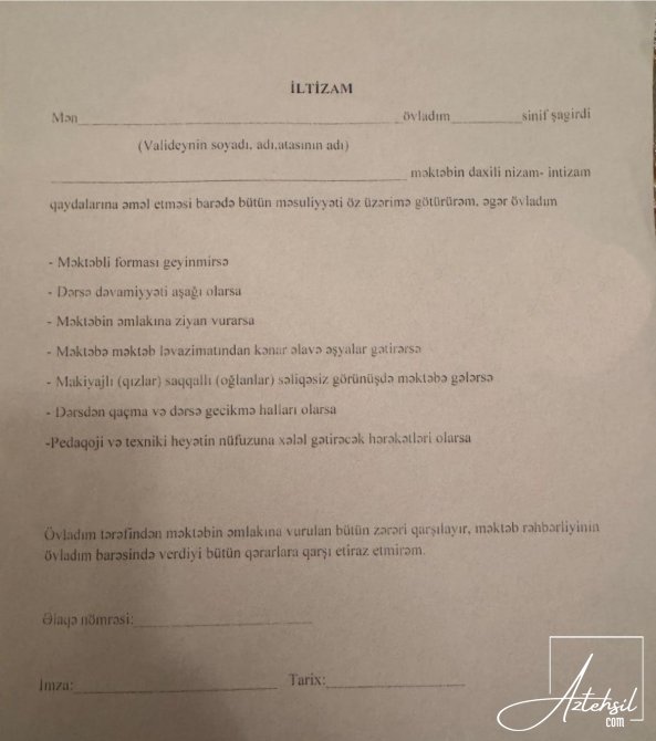 Bəzi məktəblərdə valideynlərdən “İltizam” adlı sənədi imzalamaq tələb olunur